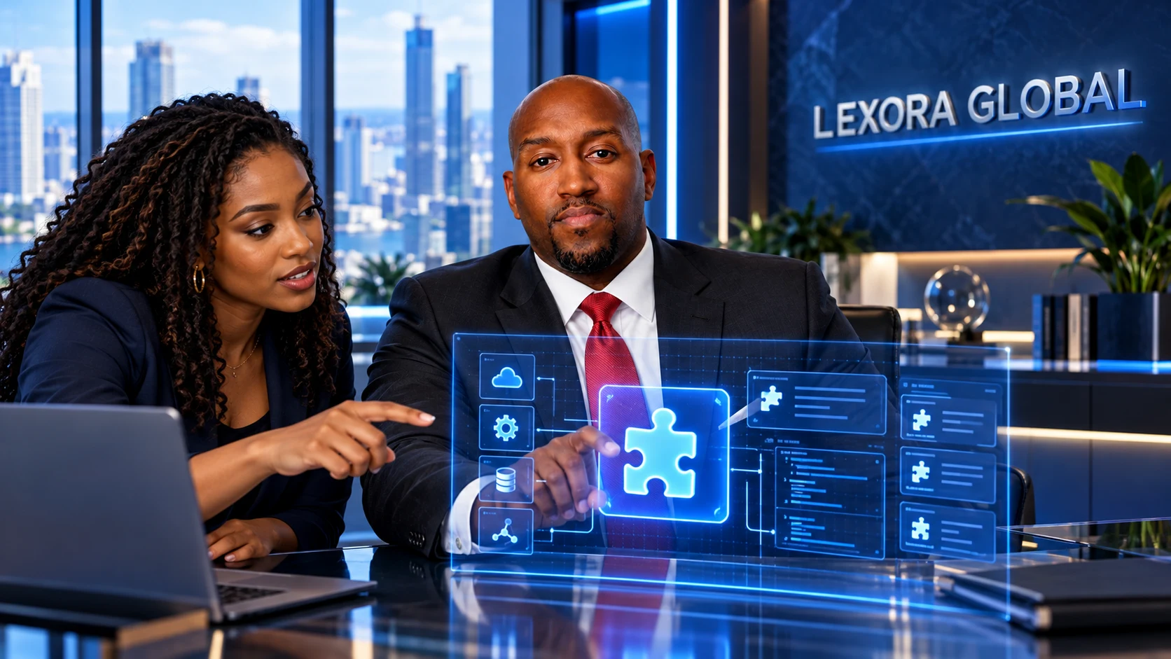 Twine, founder and CEO of Lexora Global, in a black suit and red tie collaborating on a business system