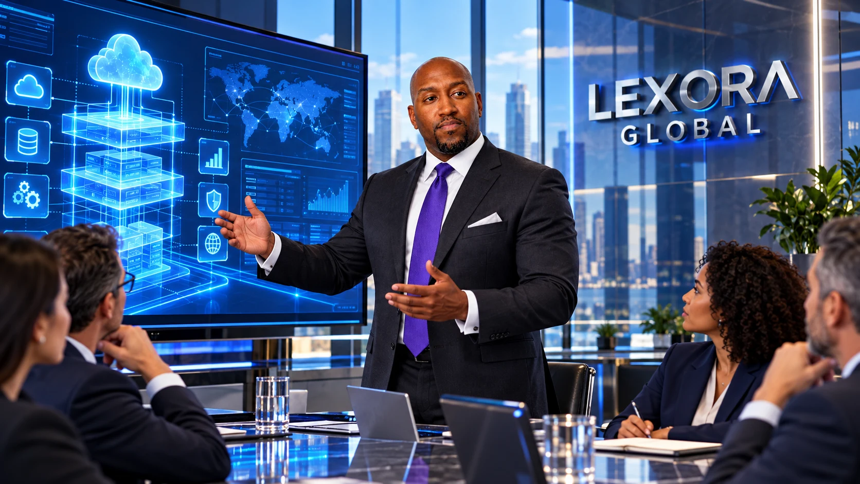 Twine in a charcoal suit and purple tie leading a Lexora technology meeting